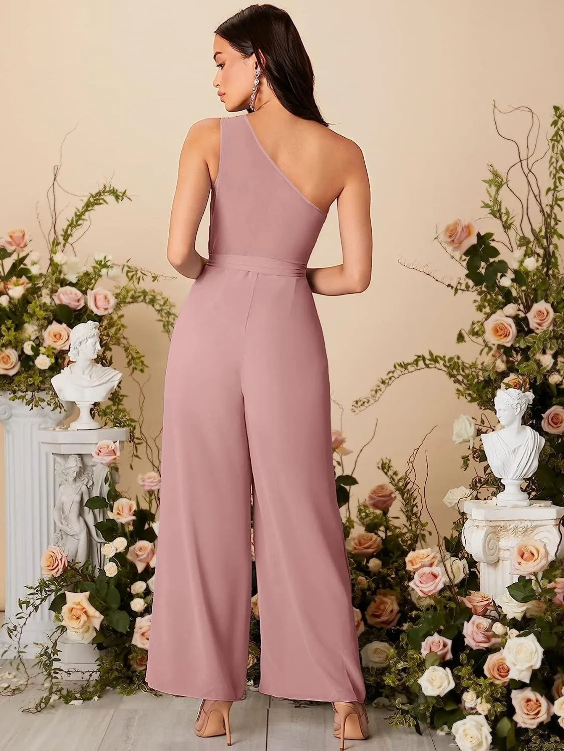 Draped Soft Pink One Shoulder Belted Wide Leg Jumpsuit