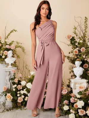 Draped Soft Pink One Shoulder Belted Wide Leg Jumpsuit