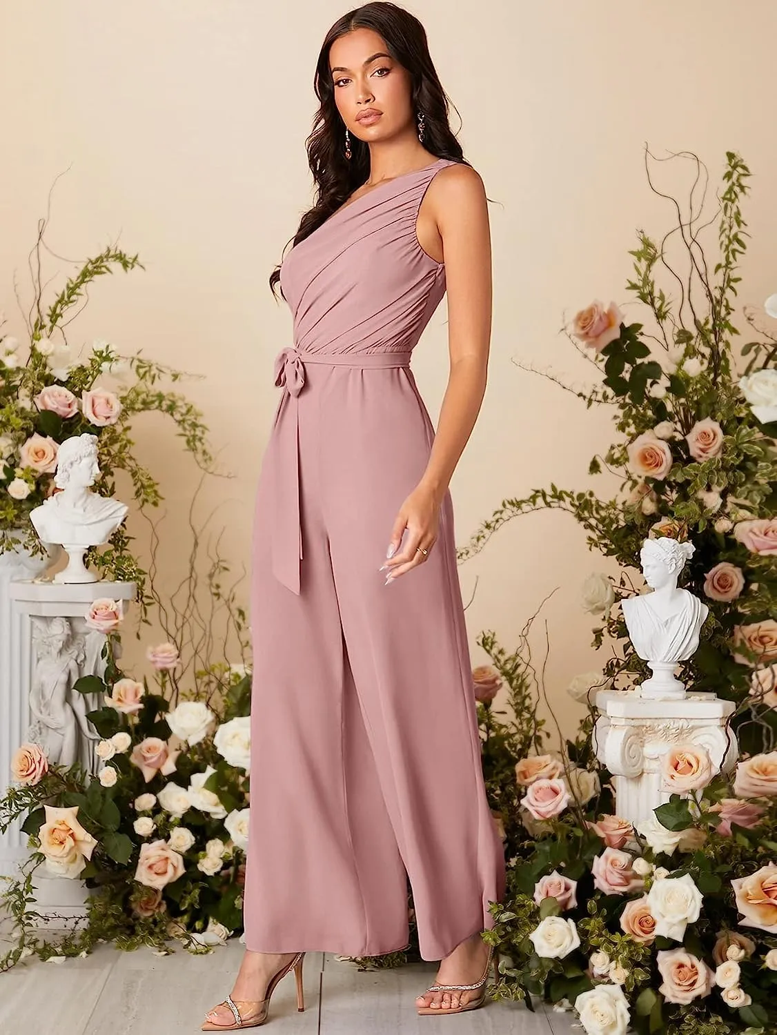 Draped Soft Pink One Shoulder Belted Wide Leg Jumpsuit