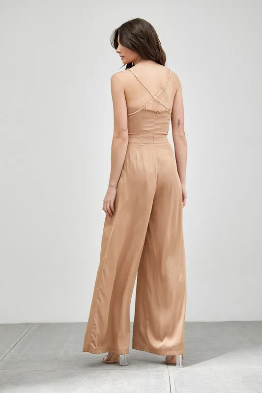 Draped Taupe Cowl Neck Trim Detail Jumpsuit