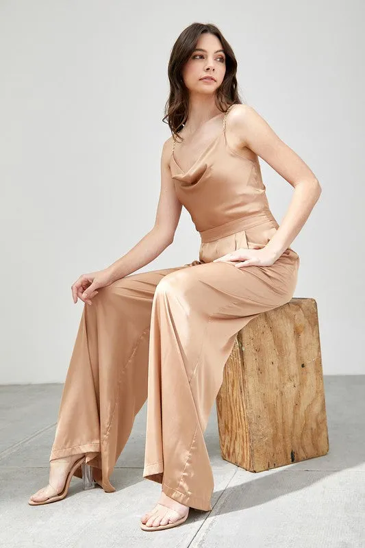 Draped Taupe Cowl Neck Trim Detail Jumpsuit