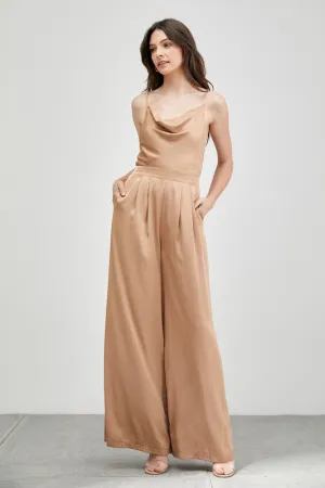 Draped Taupe Cowl Neck Trim Detail Jumpsuit