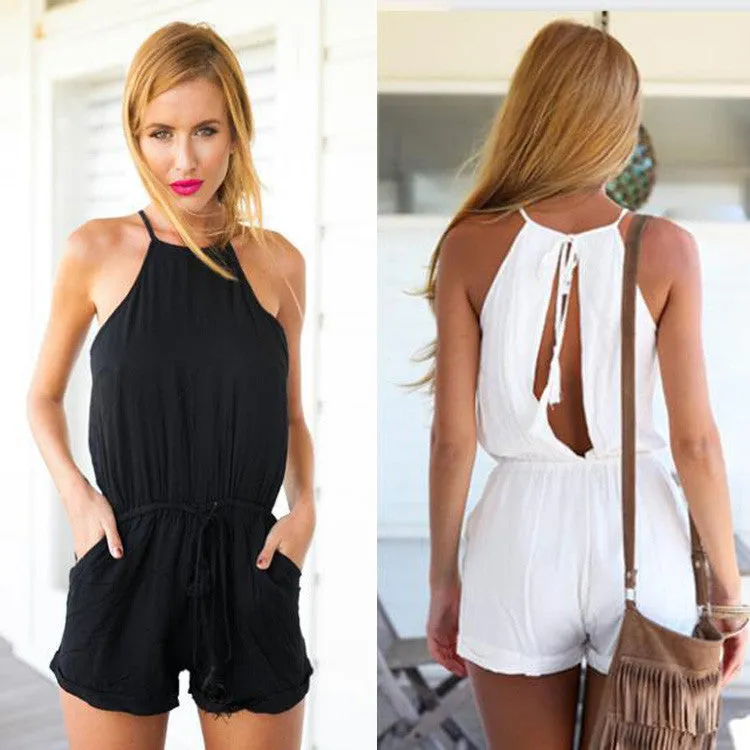 Drawstring Waist Jumpsuit Solid Classic Crimping Romper