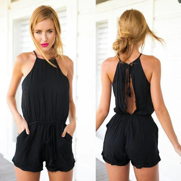 Drawstring Waist Jumpsuit Solid Classic Crimping Romper