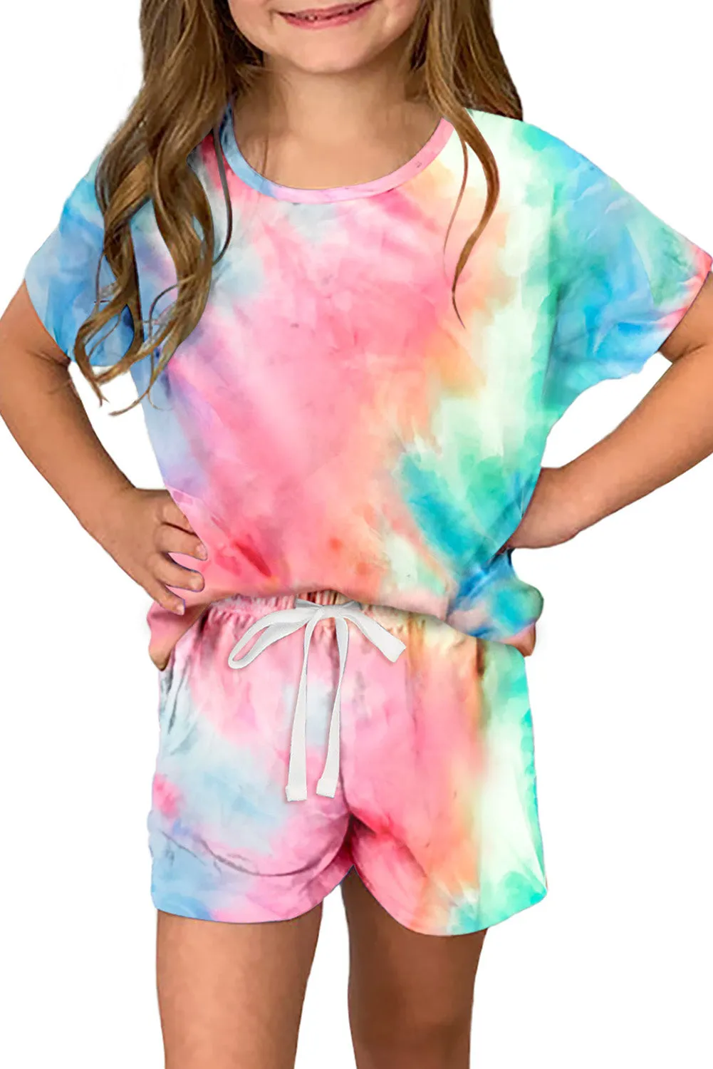 Drawstring Waist Short Sleeve Girls Tie Dye Romper