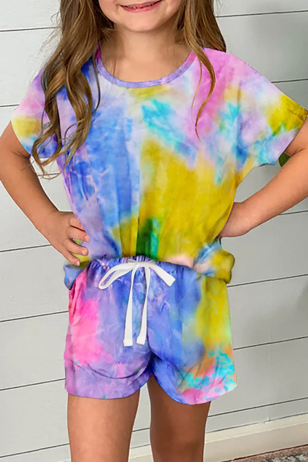 Drawstring Waist Short Sleeve Girls Tie Dye Romper