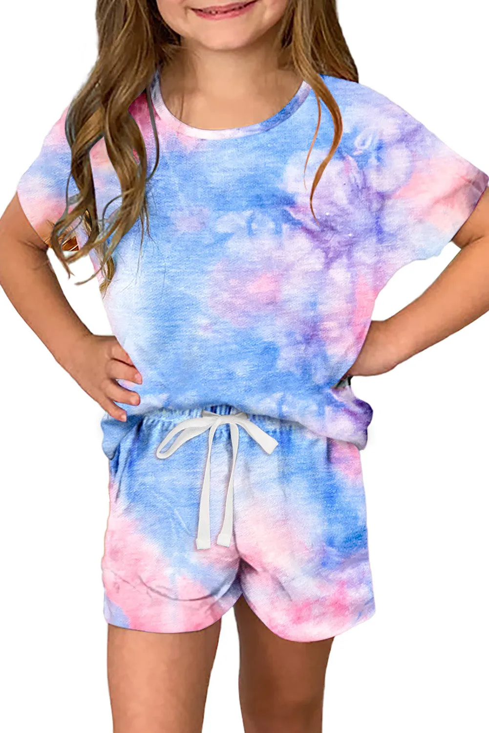 Drawstring Waist Short Sleeve Girls Tie Dye Romper