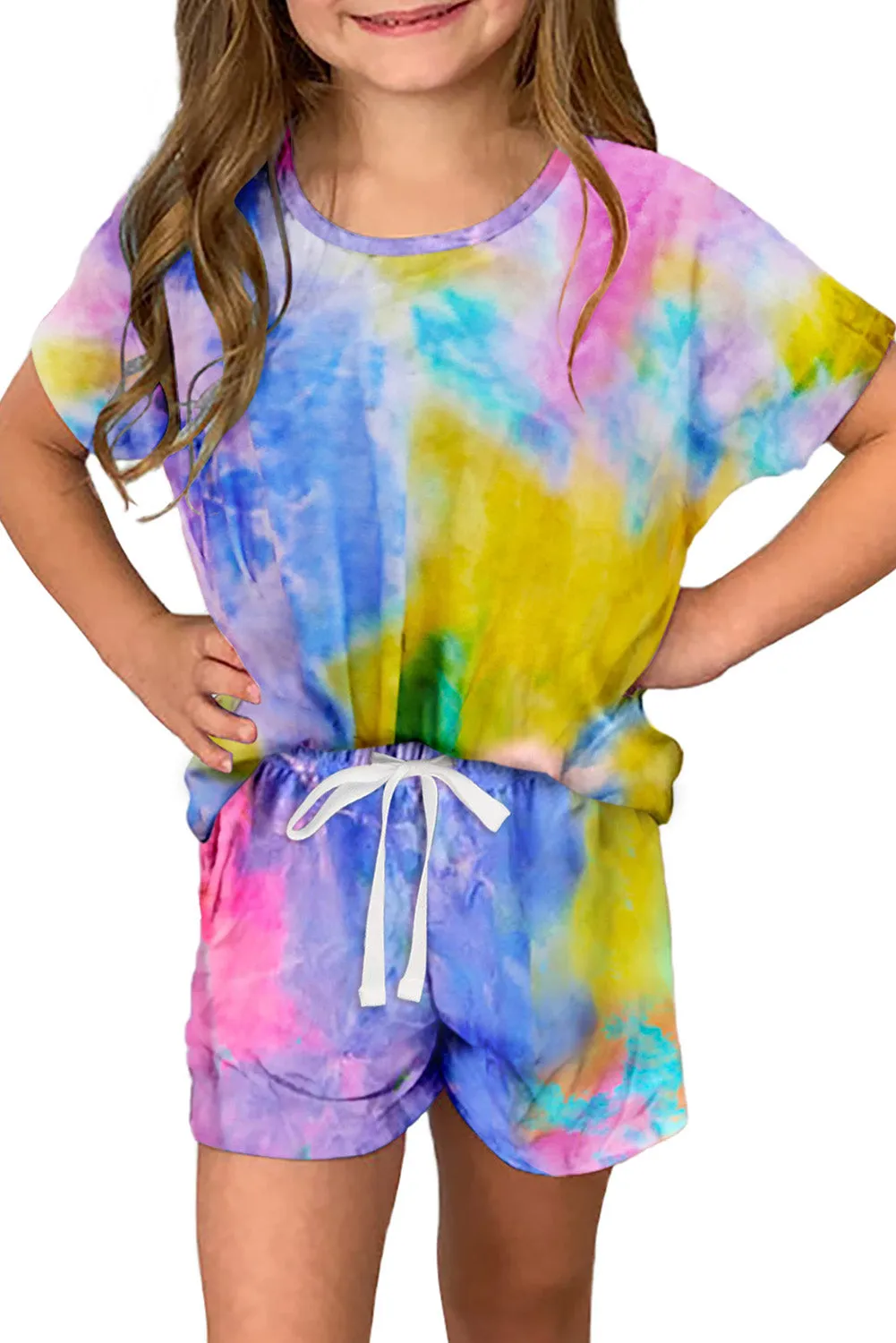 Drawstring Waist Short Sleeve Girls Tie Dye Romper