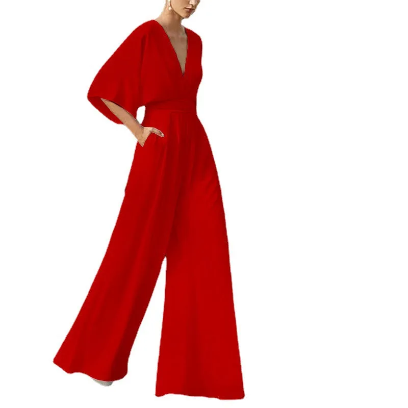 Dress Jumpsuit Explosive Deep V High Waist Wide Leg Trousers