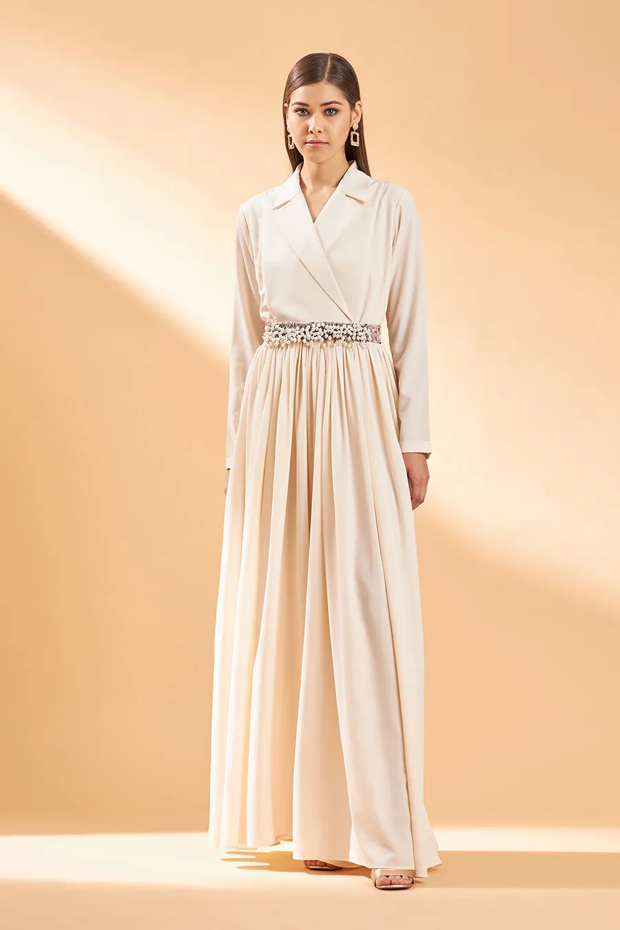 Ecru Flared Notch Jumpsuit With Belt