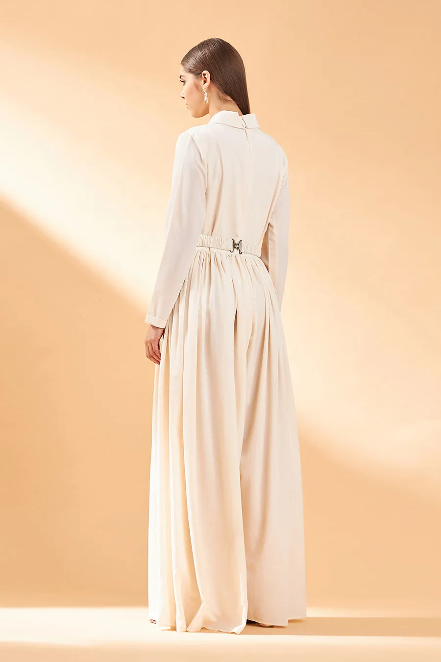 Ecru Flared Notch Jumpsuit With Belt