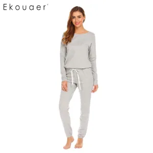 Ekouaer Women Casual Sleepwear Pajamas Set Round Neck Long Sleeve Solid Drawstring Top & Pants Pajamas Nighties Female Homewear