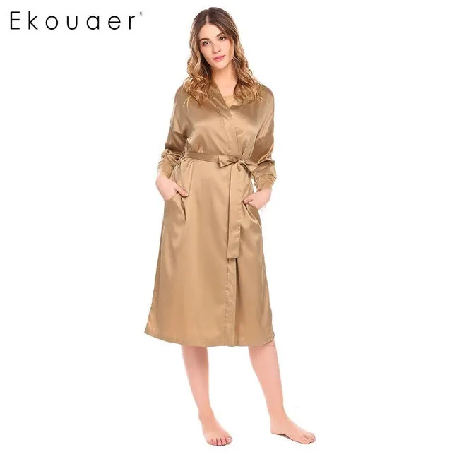 Ekouaer Women Pajama Sets Lace Kimono Robe Bathrobes Cami Top Bottom Satin Pajamas Summer Nightwear Suit Female Casual Nighties