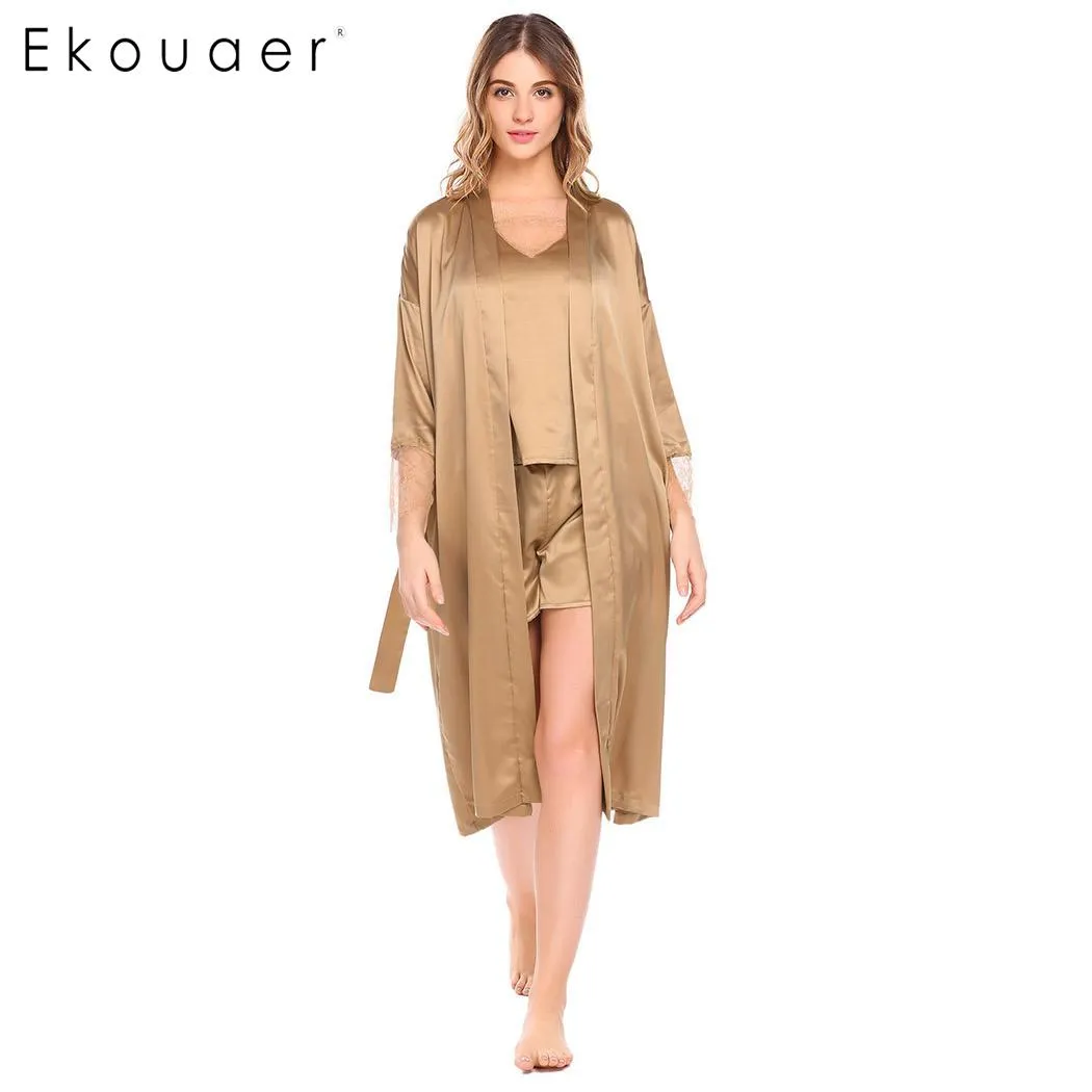 Ekouaer Women Pajama Sets Lace Kimono Robe Bathrobes Cami Top Bottom Satin Pajamas Summer Nightwear Suit Female Casual Nighties