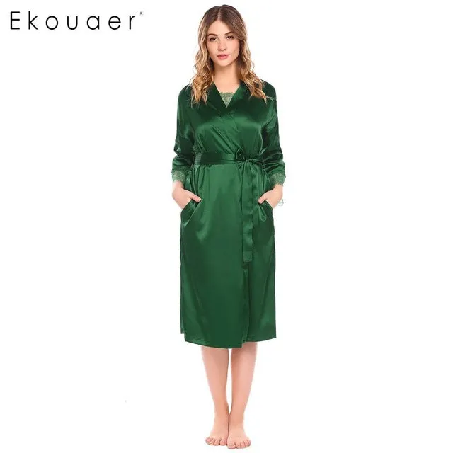 Ekouaer Women Pajama Sets Lace Kimono Robe Bathrobes Cami Top Bottom Satin Pajamas Summer Nightwear Suit Female Casual Nighties