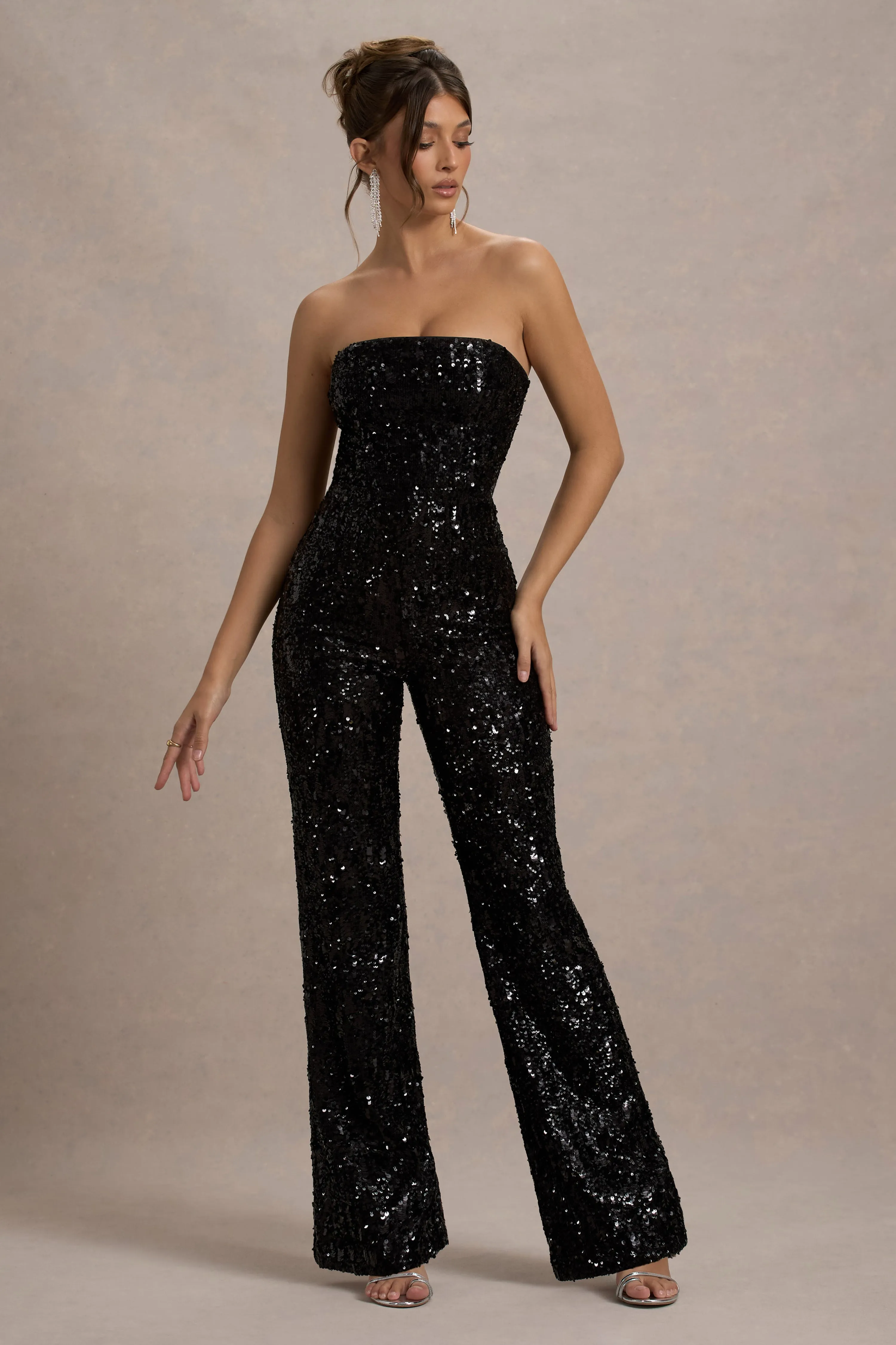 Elation | Black Sequin Strapless Flared-Leg Jumpsuit