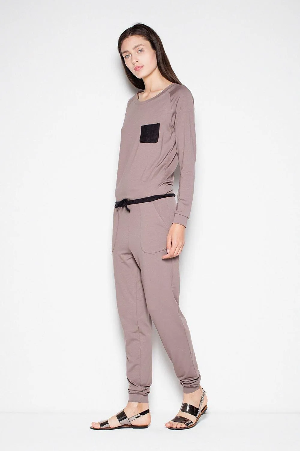 Elegant Long-Sleeve Jumpsuit with Distinctive Pocket and Fashionable Belt