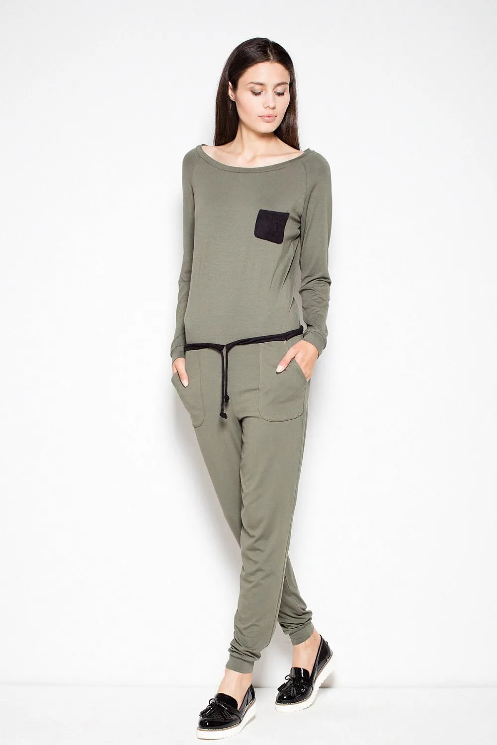 Elegant Long-Sleeve Jumpsuit with Distinctive Pocket and Fashionable Belt