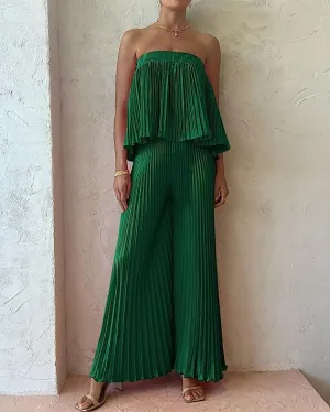 Exclusive Hunter Green Pleated Strapless Wide Leg Jumpsuit