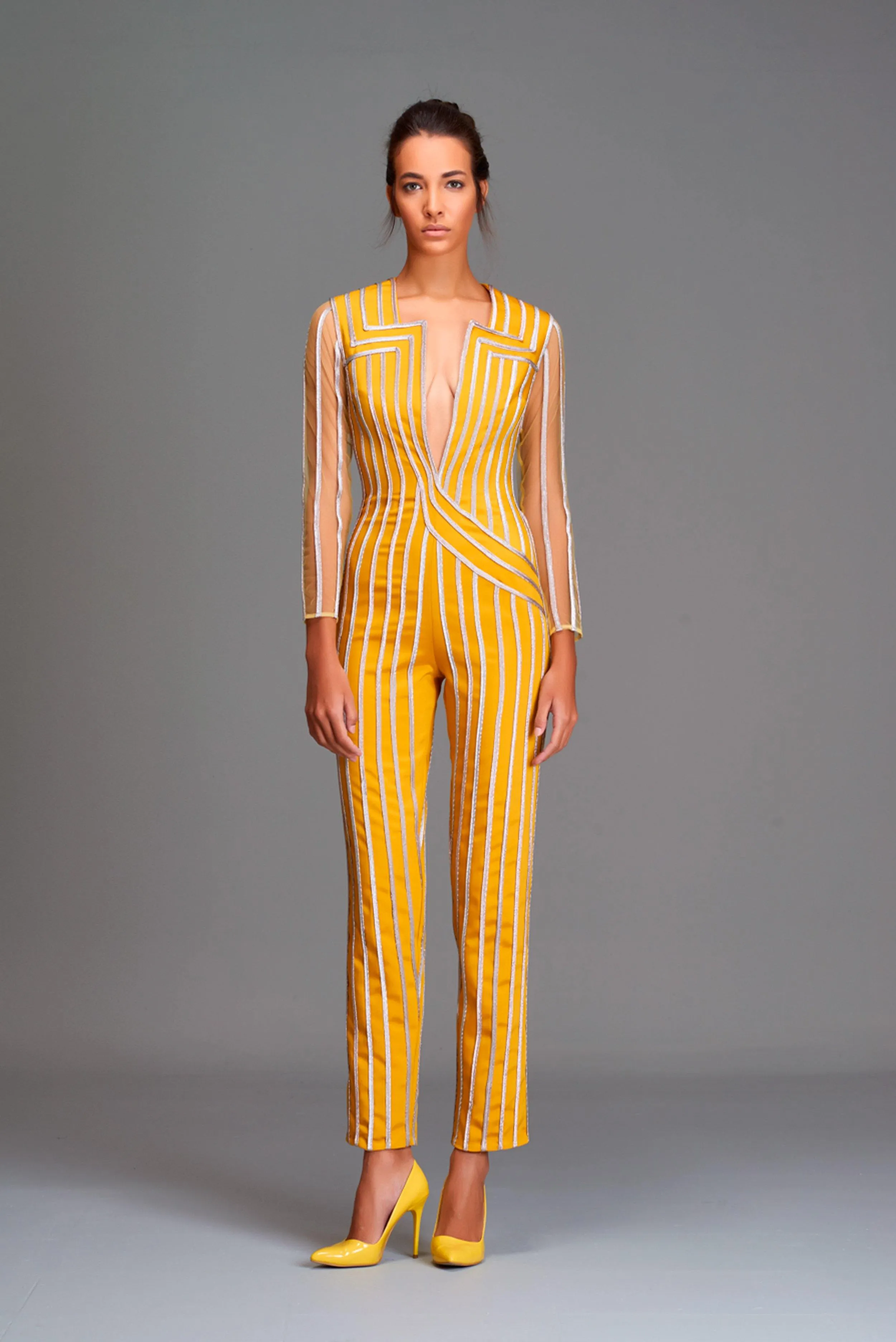 Faille Jumpsuit with Metallic Lines