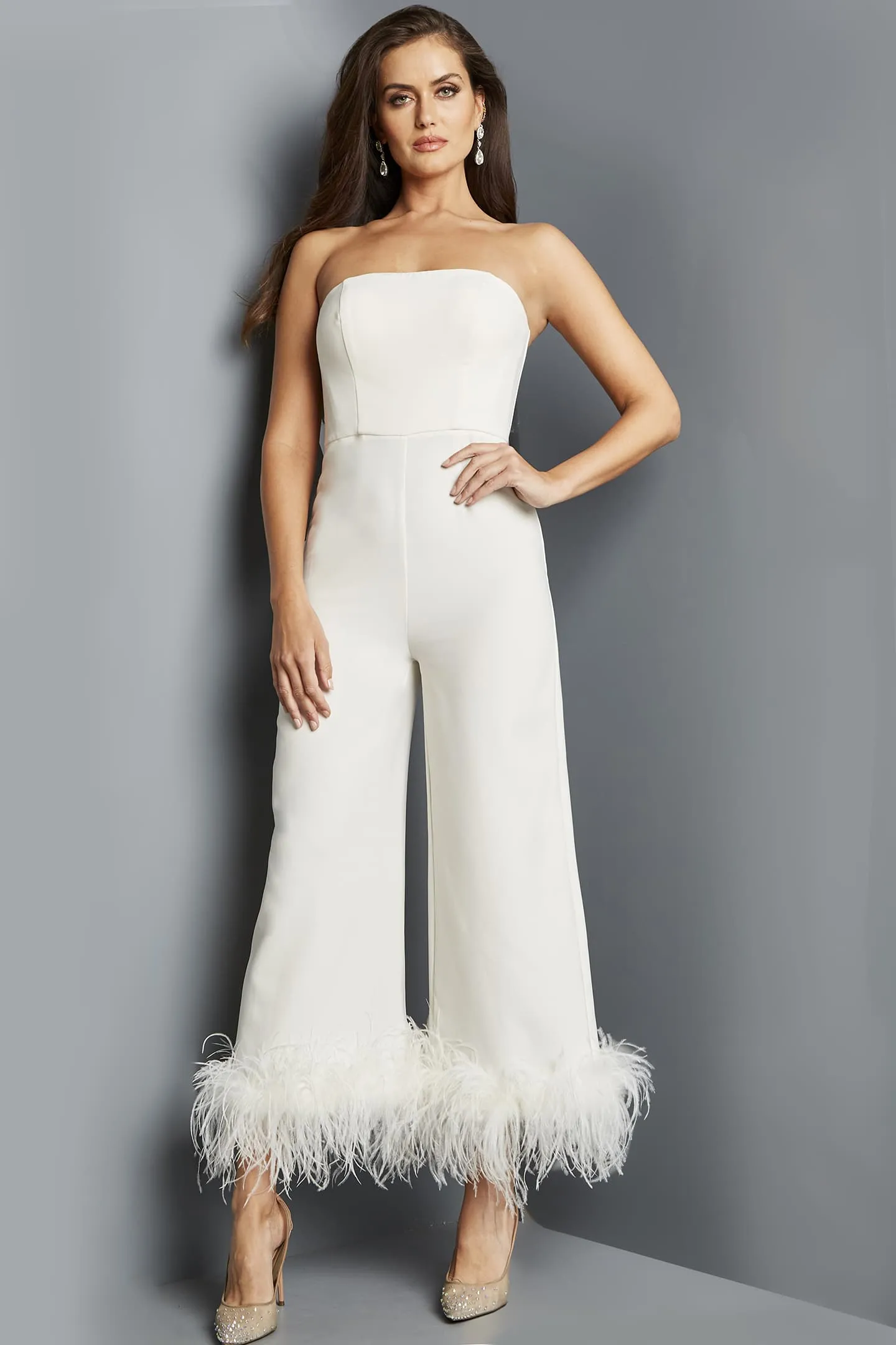 Feather Hem Strapless Jumpsuit by Jovani 22590