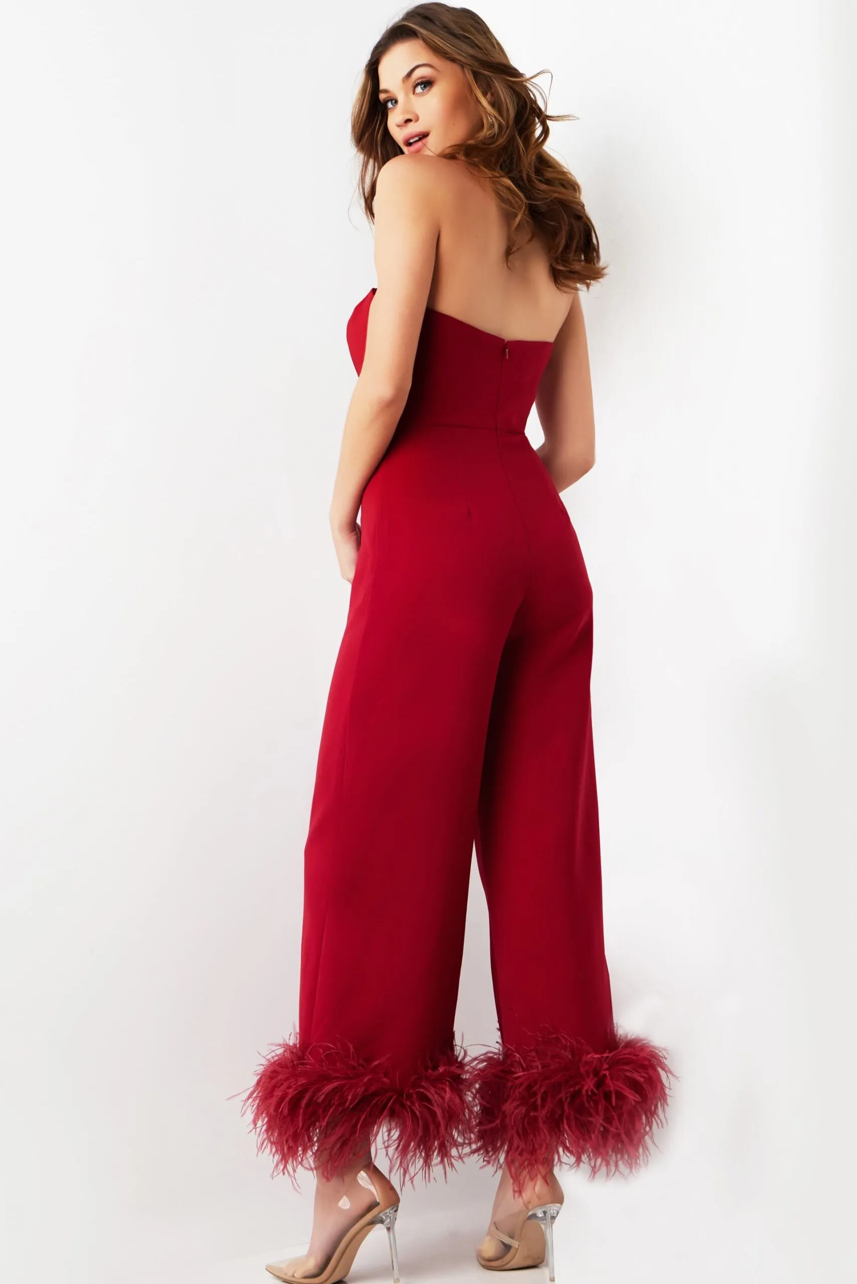 Feather Hem Strapless Jumpsuit by Jovani 22590