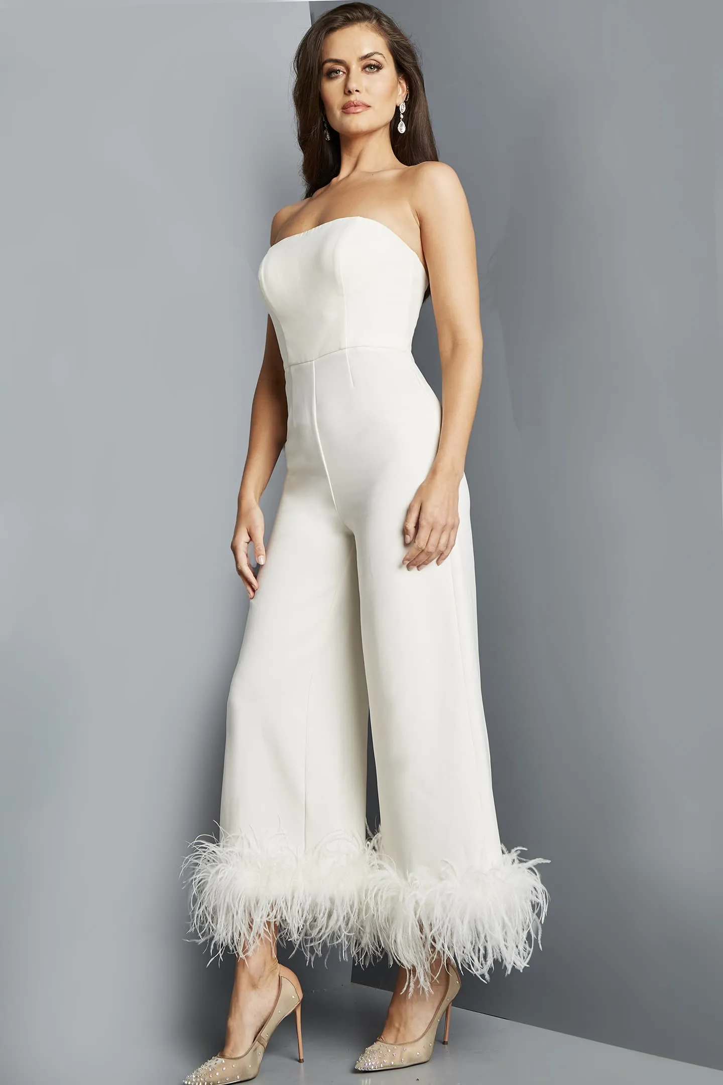 Feather Hem Strapless Jumpsuit by Jovani 22590