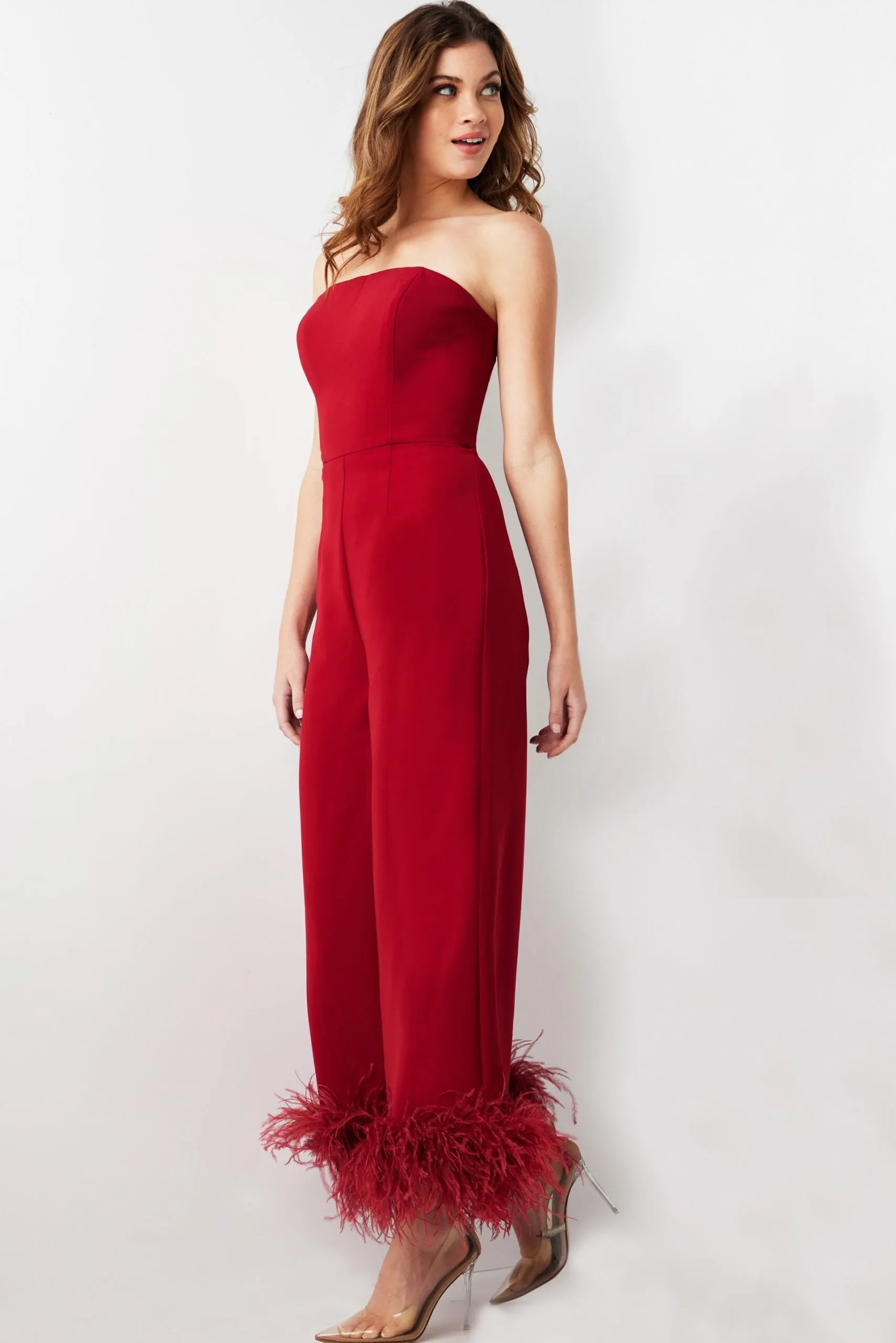 Feather Hem Strapless Jumpsuit by Jovani 22590