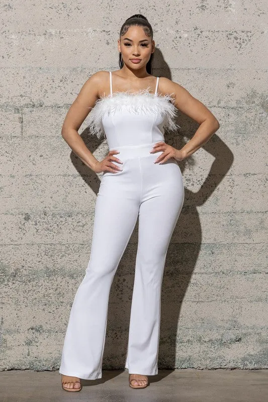 Feather Trim  BELL BOTTOM KNIT CRAPE JUMPSUIT