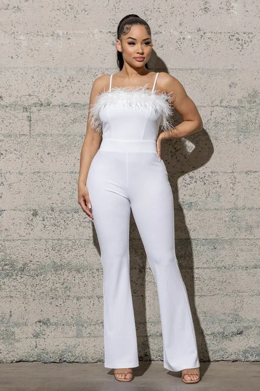 Feather Trim  BELL BOTTOM KNIT CRAPE JUMPSUIT