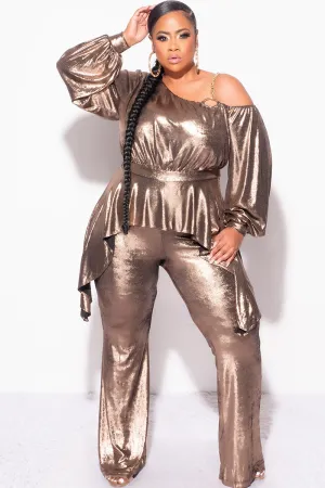 Final Sale Plus Size Cold Shoulder with Gold Chain & Asymmetrical Ruffle Peplum Jumpsuit in Gold Metallic