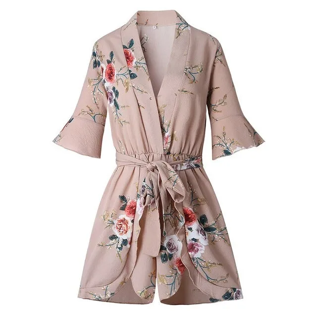 Floral Print Boho Chiffon Sexy V-Neck Flare Lace Up Casual Jumpsuits