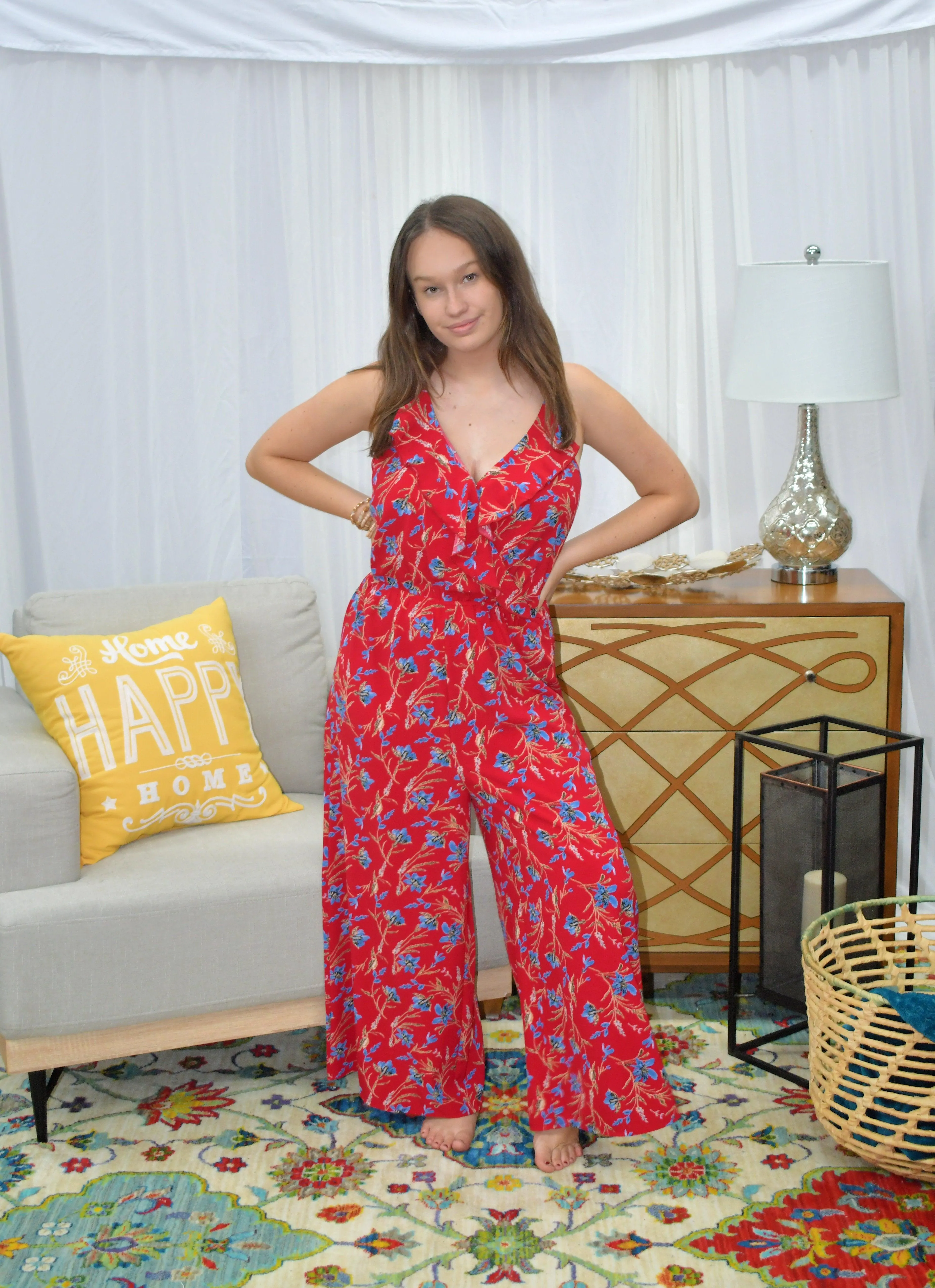 Floral Print V-Neck and Ruffle Jumpsuit