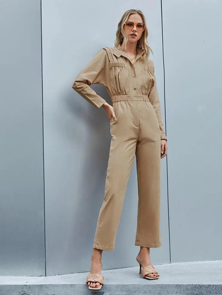 Fold Pleated Batwing Sleeve Elastic Waist Shirt Jumpsuit