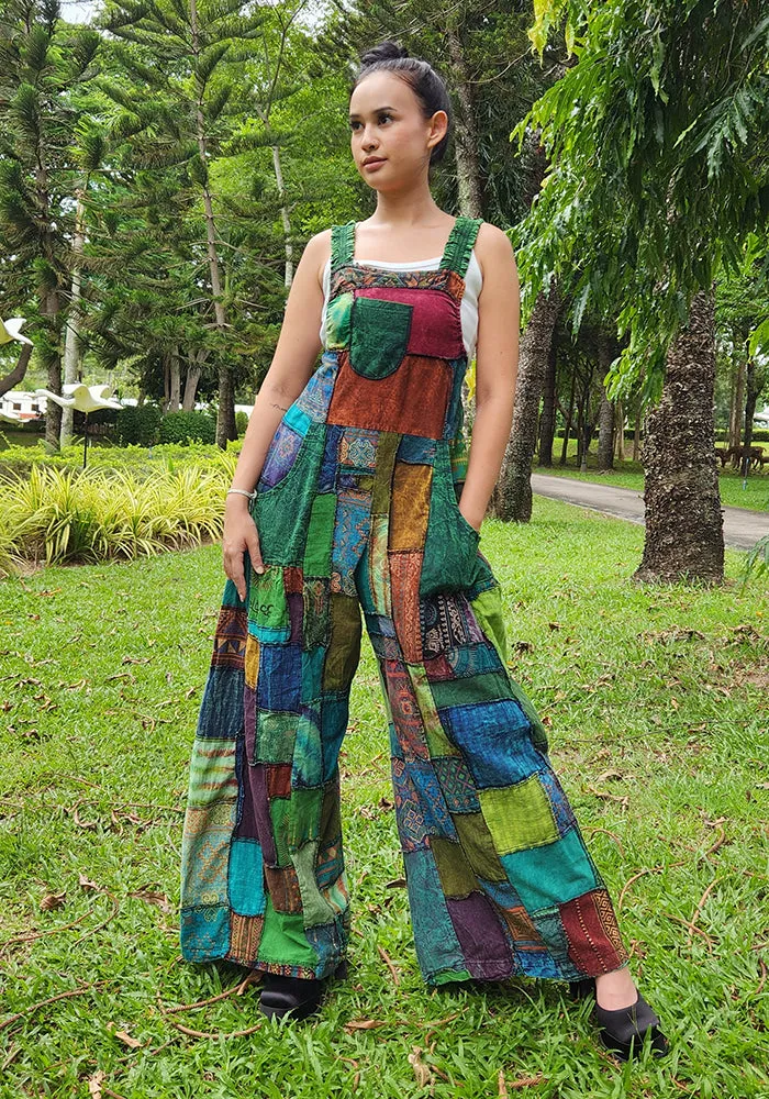 Forest Green Spiritual Patchwork Jumpsuit Overall