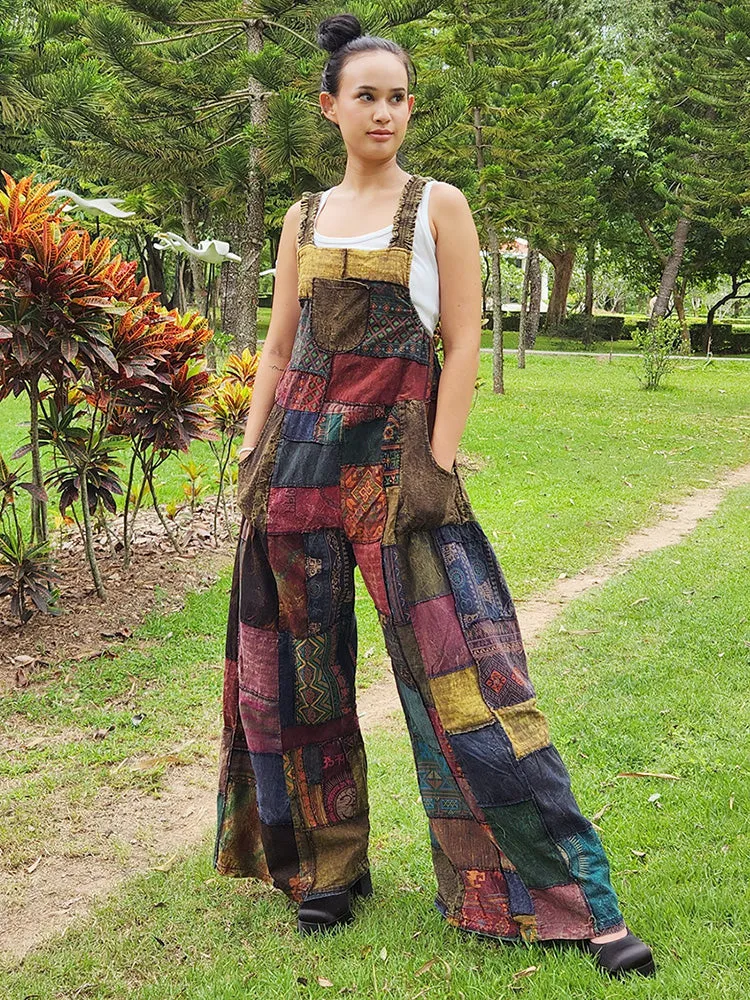 Forest Green Spiritual Patchwork Jumpsuit Overall