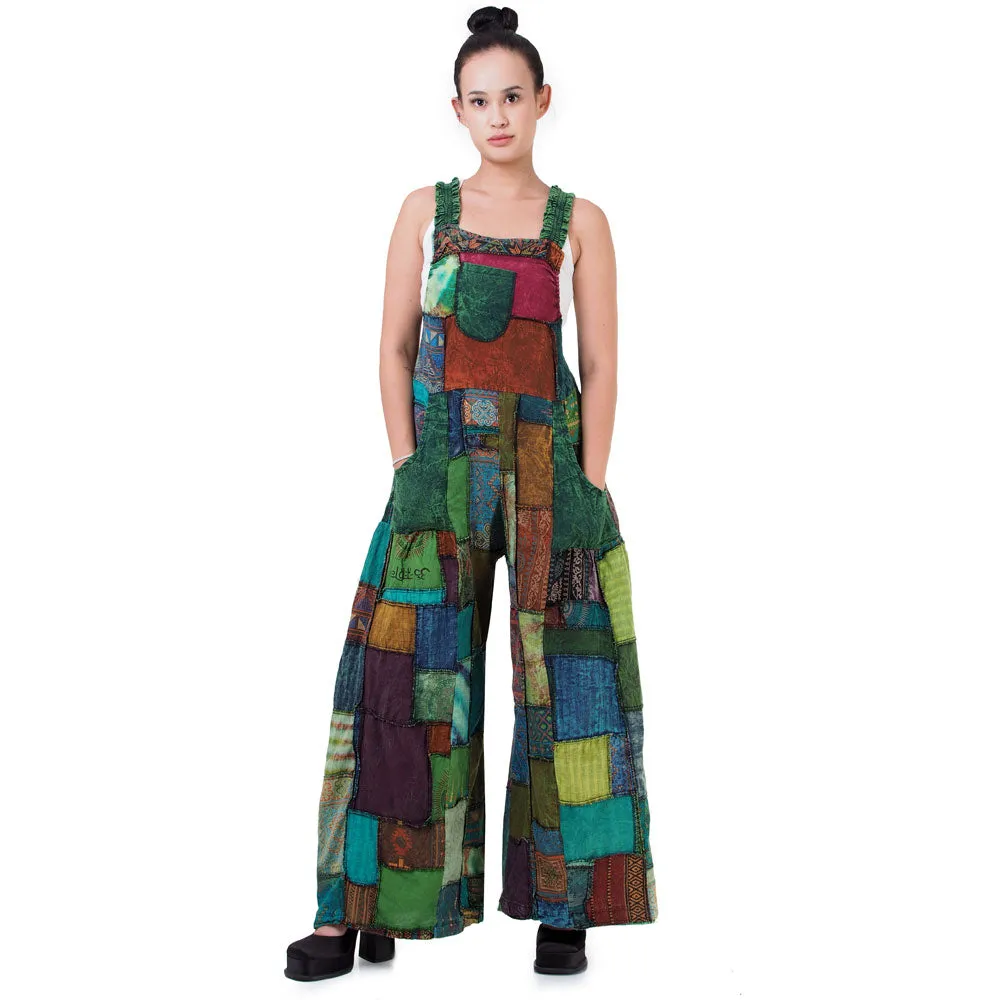 Forest Green Spiritual Patchwork Jumpsuit Overall