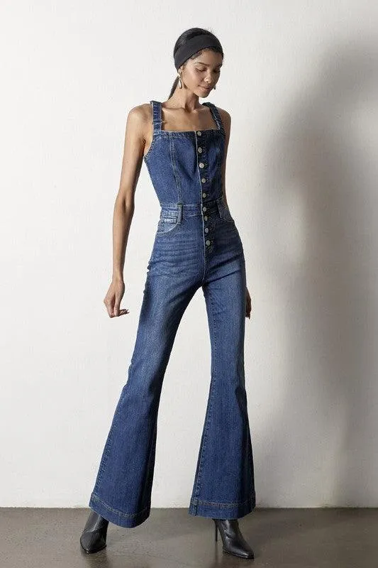 Front Button Flare Denim Jumpsuit