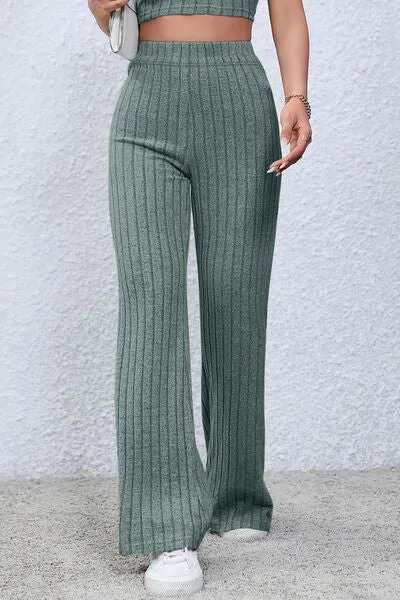 Full Size Ribbed High Waist Flare Pants