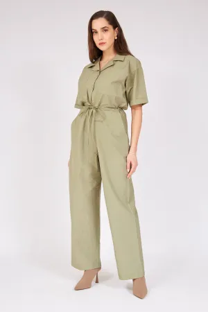 Gathered Waist Jumpsuit - DARK GREEN