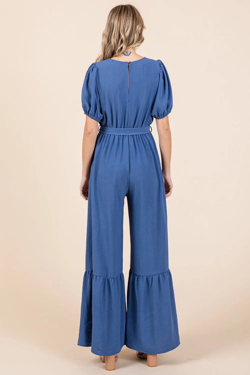 GeeGee Full Size V-Neck Belted Wide Leg Jumpsuit