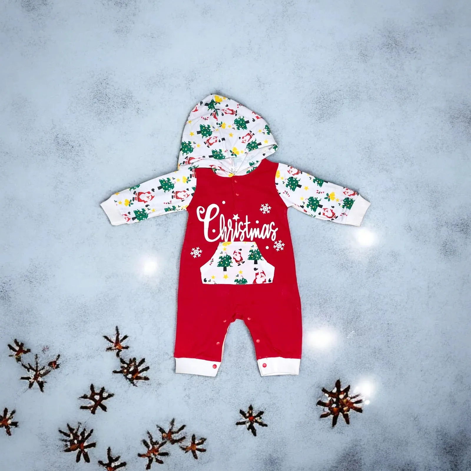 Gender Neutral Baby Holiday Christmas One-Piece Hooded Jumpsuit