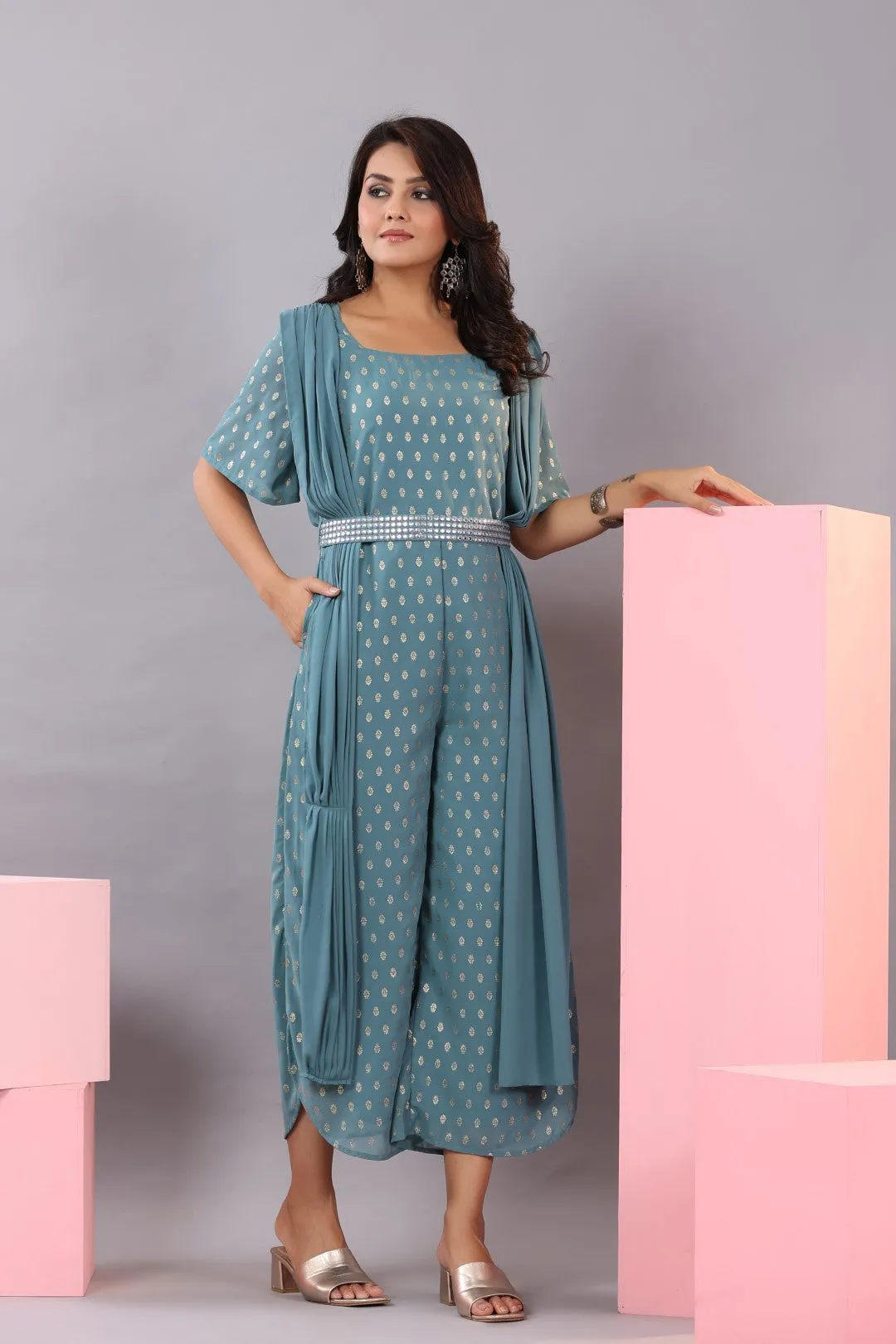 Georgette Printed Jumpsuit with Ethnic Motif, Square Neck & Half Sleeves