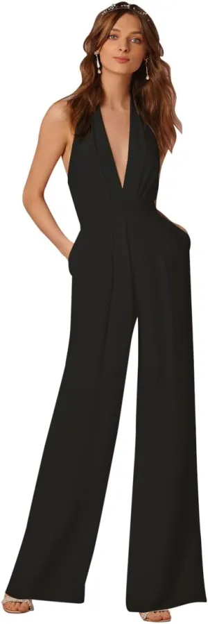 Giovanni Black Halter Wide Leg Jumpsuit