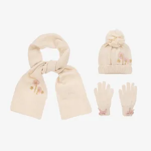 Girls Ivory Knitted Flower Hat Set