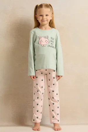 Girls Mint And Pink Printed Pyjama Set (2 Piece)