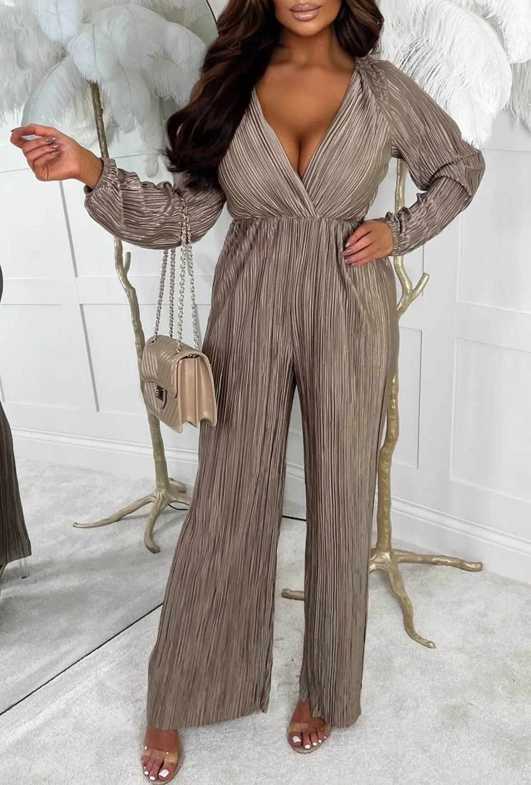 Give Me Glamour Gold Metallic Plisse Stretch Waist Long Sleeve Jumpsuit