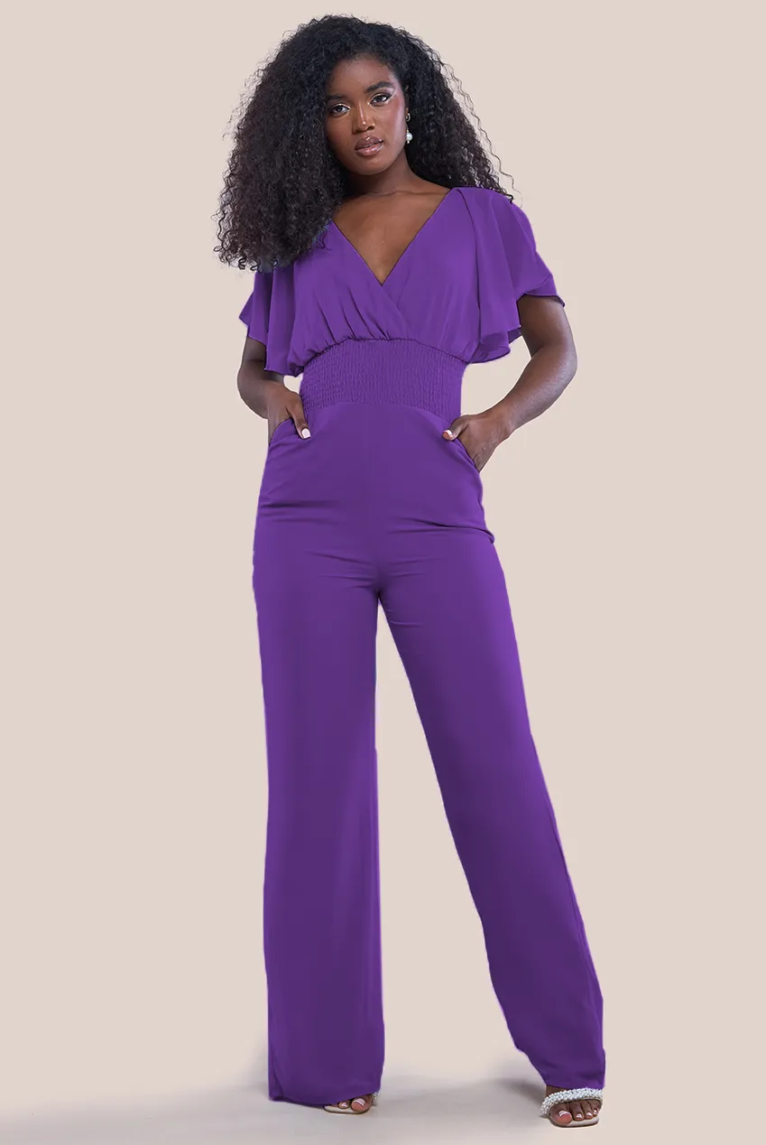 Goddiva Chiffon Jumpsuit With Flutter Sleeves - Purple