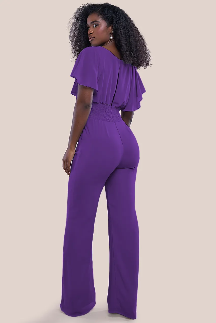 Goddiva Chiffon Jumpsuit With Flutter Sleeves - Purple