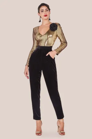 Goddiva Liquid Sequin Jumpsuit With Corsage